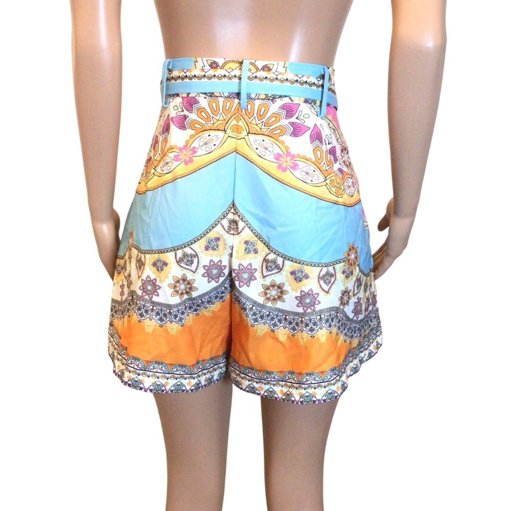 Flying Tomato High-Waist Printed Tie-Belt Shorts in Blue, Orange, White - Picture 5 of 9